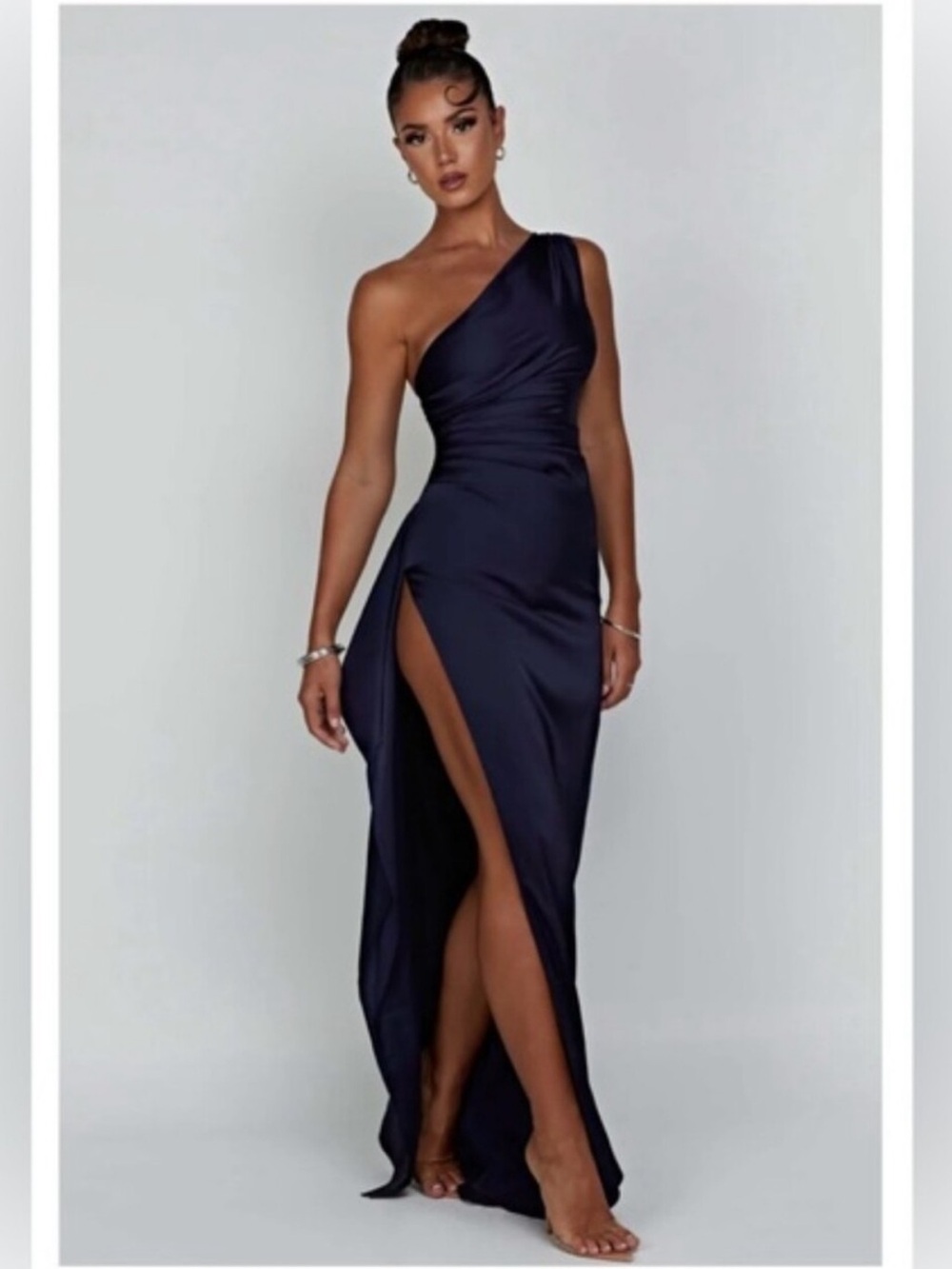 BABYBOO Asymmetric One-Shoulder Navy Evening Gown with High Thigh Slit S